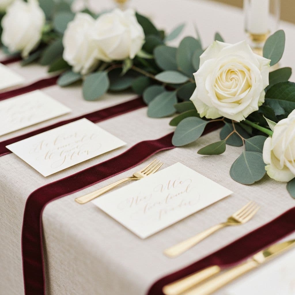 Elegant wedding detail with gold calligraphy and floral arrangements